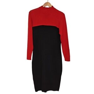 St John Marie Gray Knit Dress Womens 12 Red Black Colorblock Mock Neck Santana